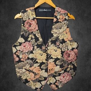 Vintage black floral rose whimsygoth tapestry waist coat beaded vest